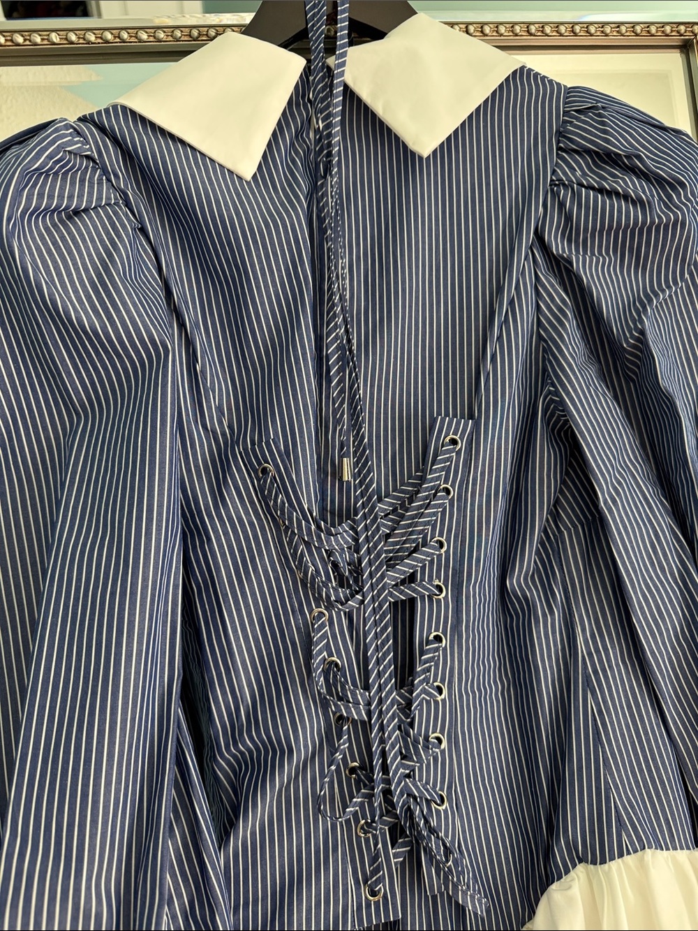 Striped Blue & White Puff-Sleeve Mini Dress - Picture 8 of 8